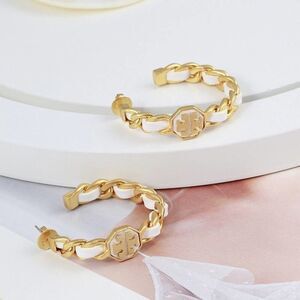 NWOT Tory Burch Gold Gemini, White Leather Butterfly Closing Hoop Earrings